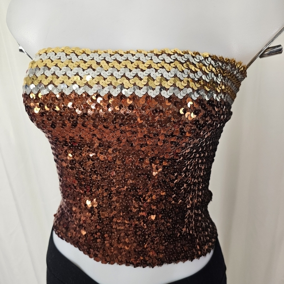 Brown silver and gold sequin tube top Smocked small - Picture 2 of 6